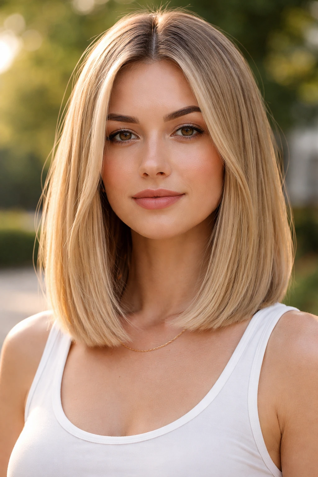 Real woman with collarbone-length blunt lob in soft daylight