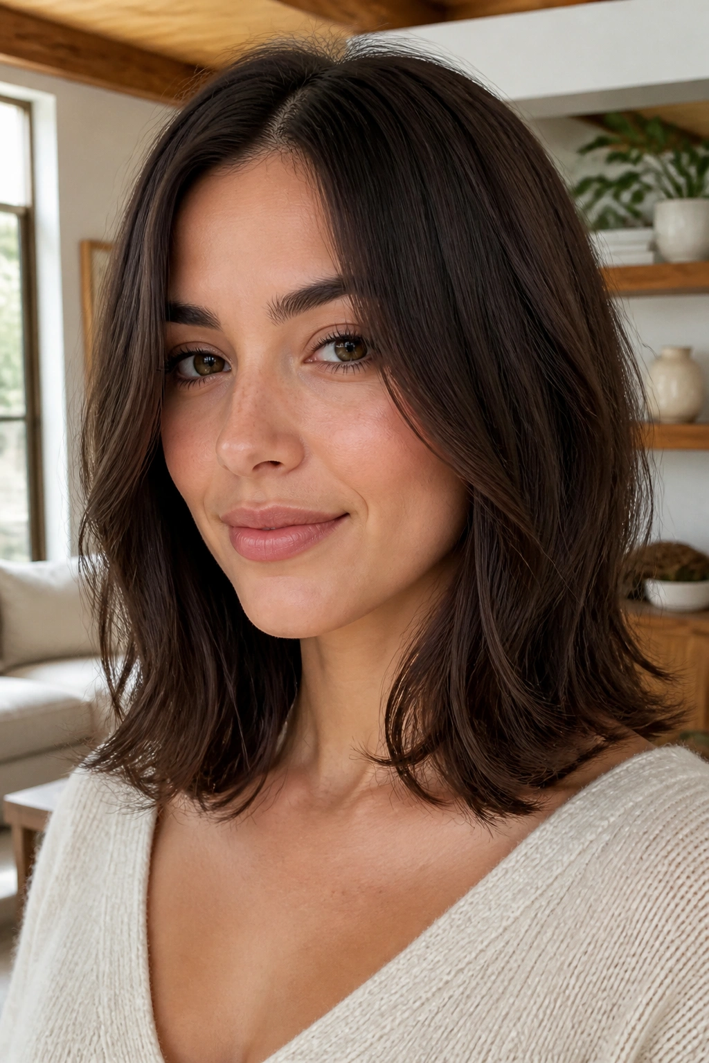 Close-up of a woman with a collarbone-length chocolate lob and soft ends.