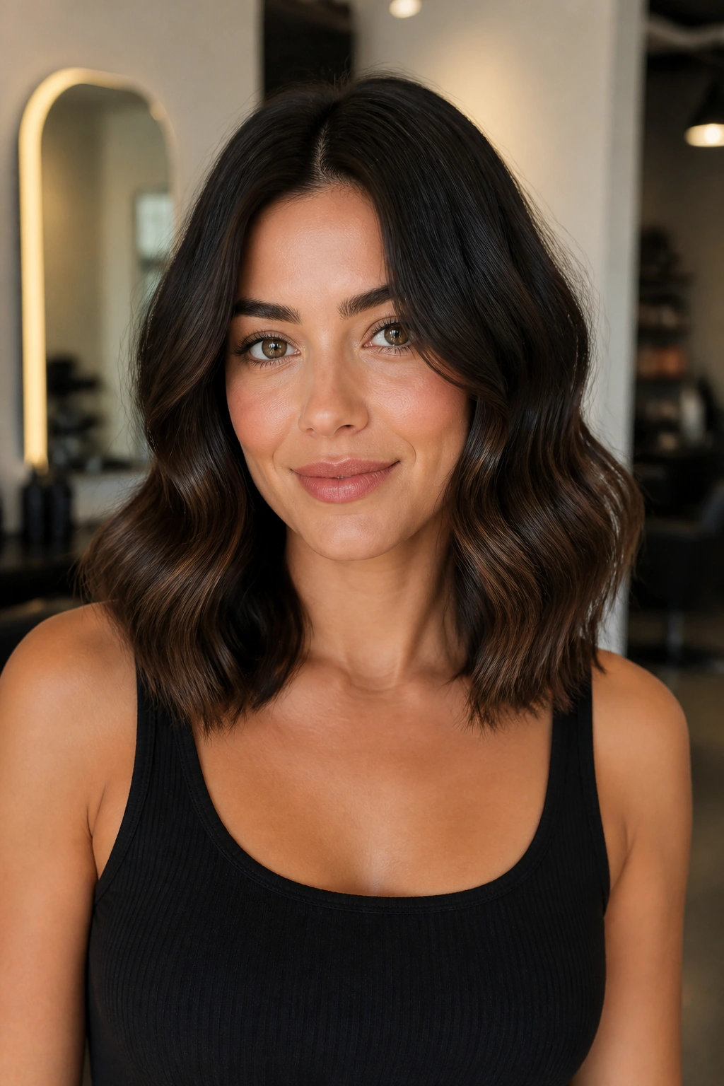 Medium close-up of a real woman with collarbone-length S-waves against a chic salon background