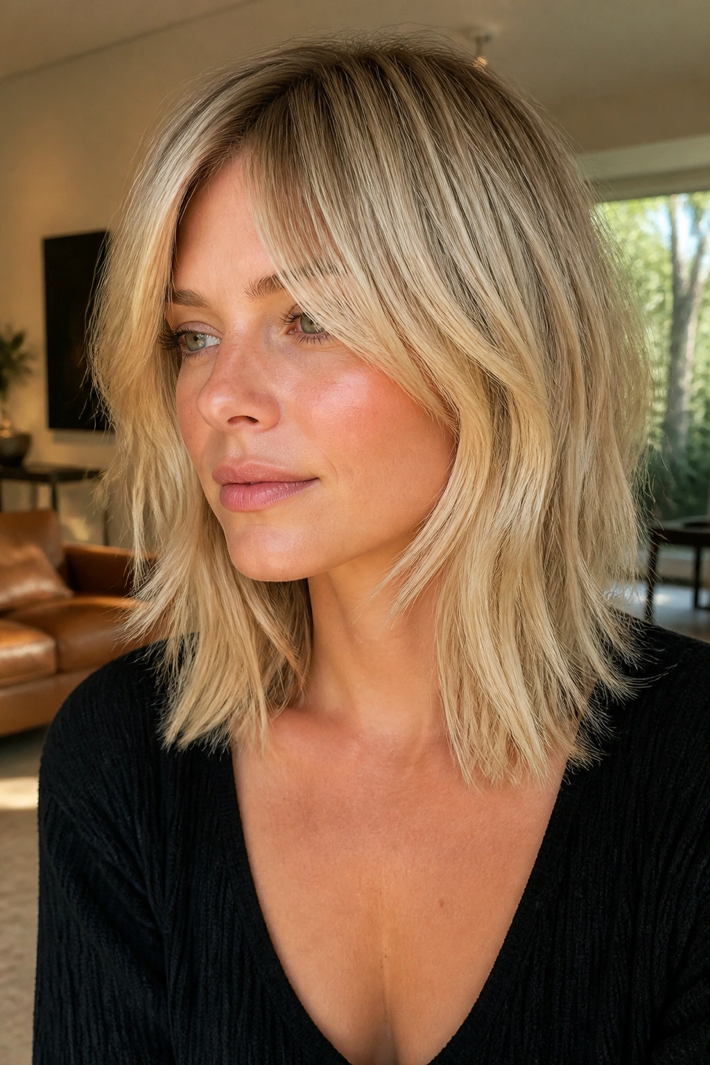 Close-up portrait of a real person with collarbone-length blonde shag