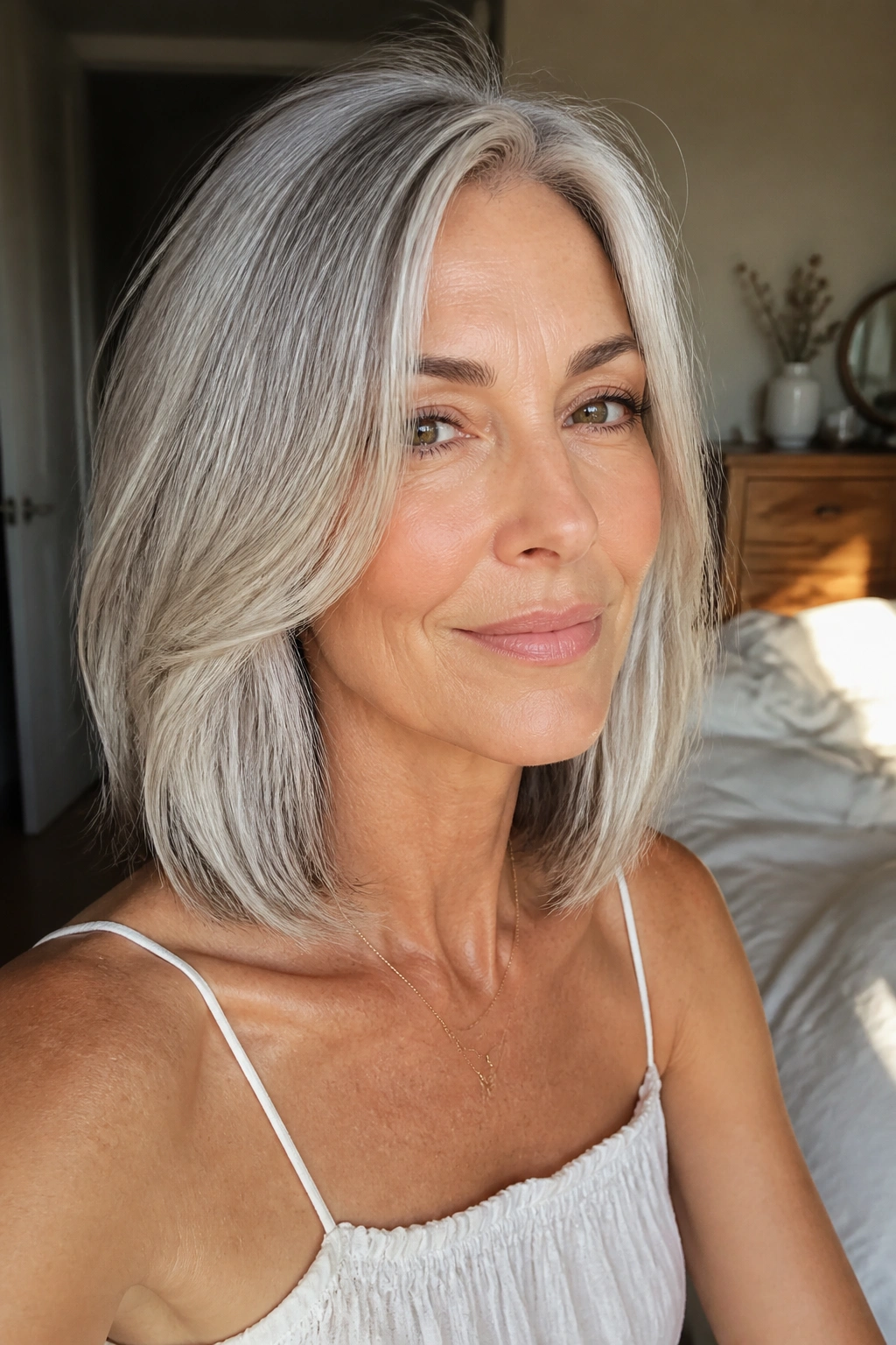 Close-up portrait of a real woman with a collarbone-length silver lob under natural window light