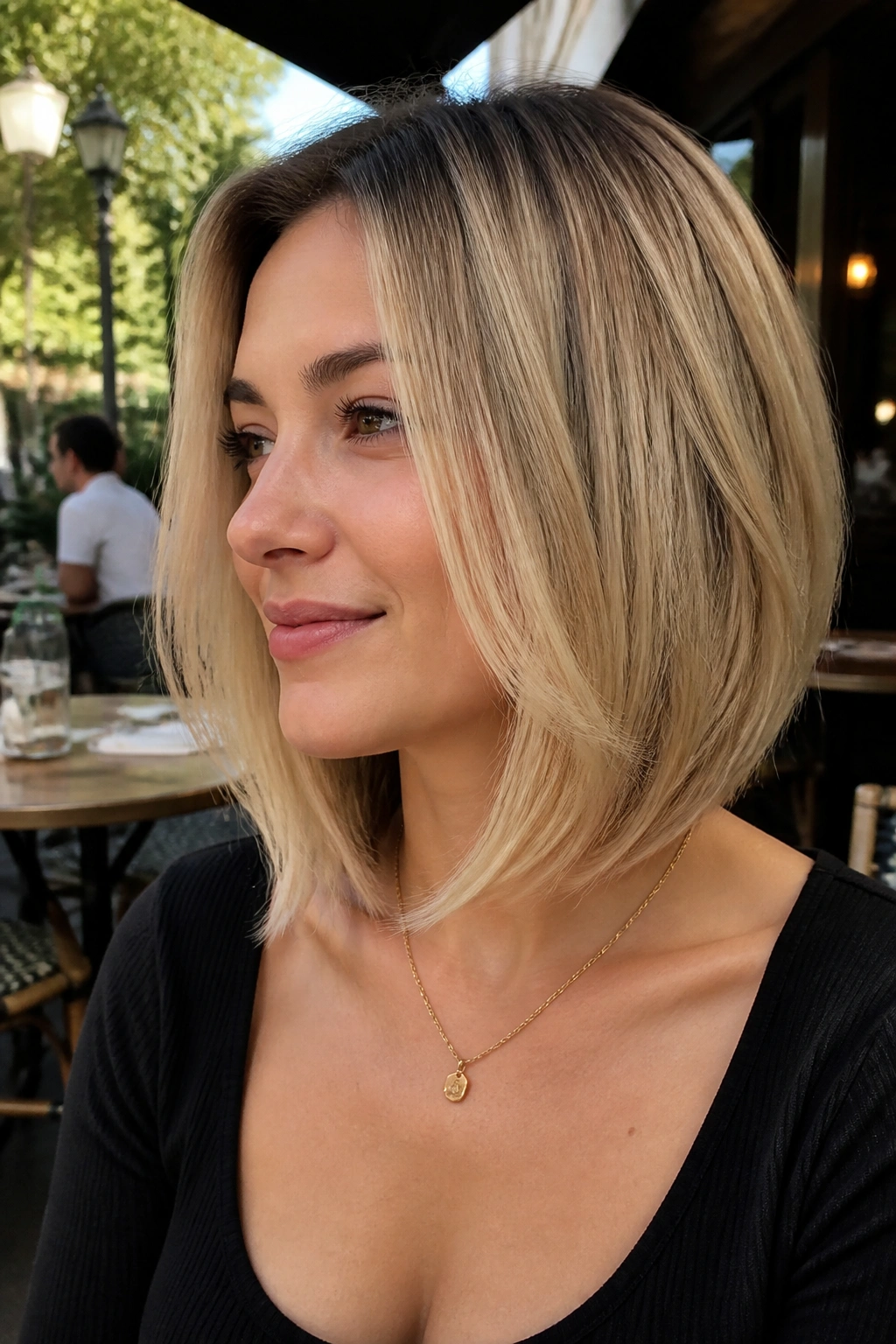 Close-up of a real woman with a collarbone-length stacked lob, showing skimming front pieces and subtle back stack.