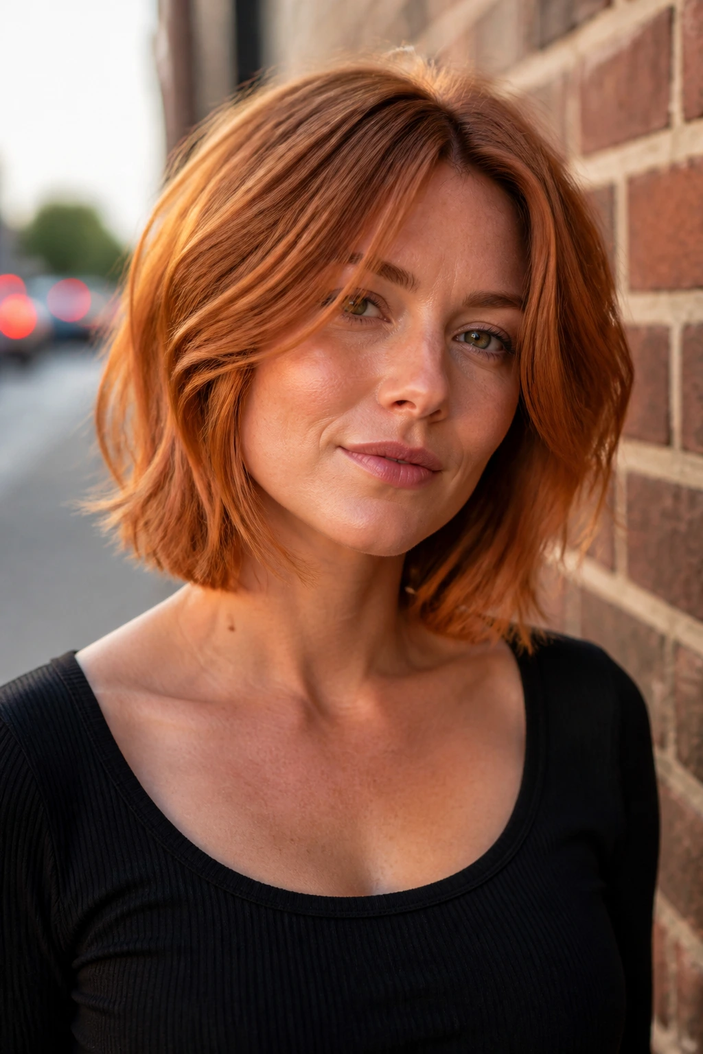 Portrait of a woman with collarbone-length strawberry bob and invisible layers.