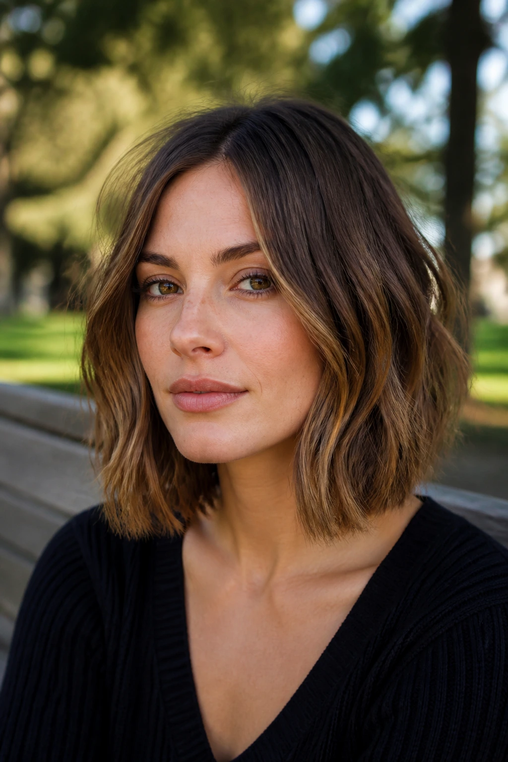 Close-up of real woman with a collarbone-length tousled lob.
