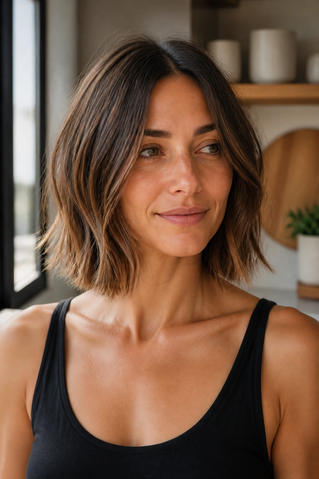 Close-up portrait of a real woman with collarbone-length lob and airy ends.