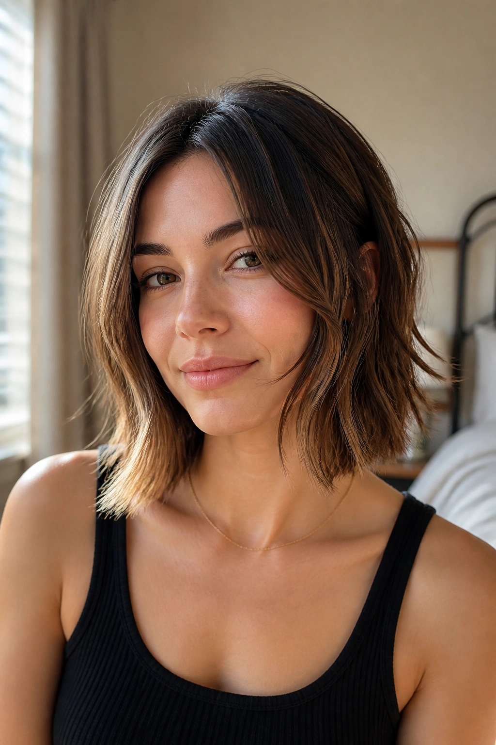 Close-up portrait of a woman with a collarbone-grazing lob and airy feathered ends in warm window light