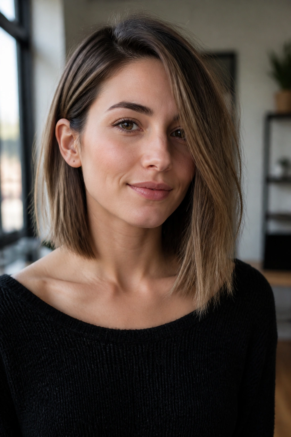Close-up portrait of a real woman with a collarbone-length lob asymmetrical