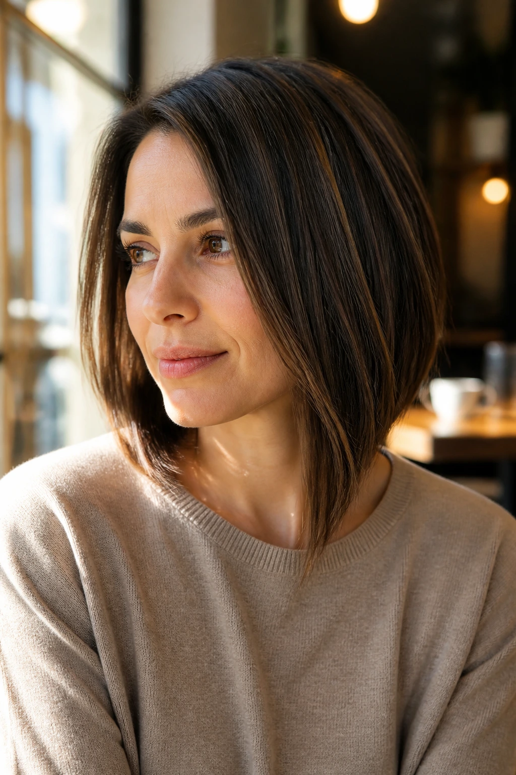 Medium close-up of a real woman with a collarbone-length asymmetrical lob showing one side lower.