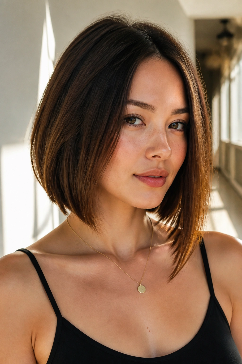 Close-up of a real person with a collarbone-length lob and one longer front piece.