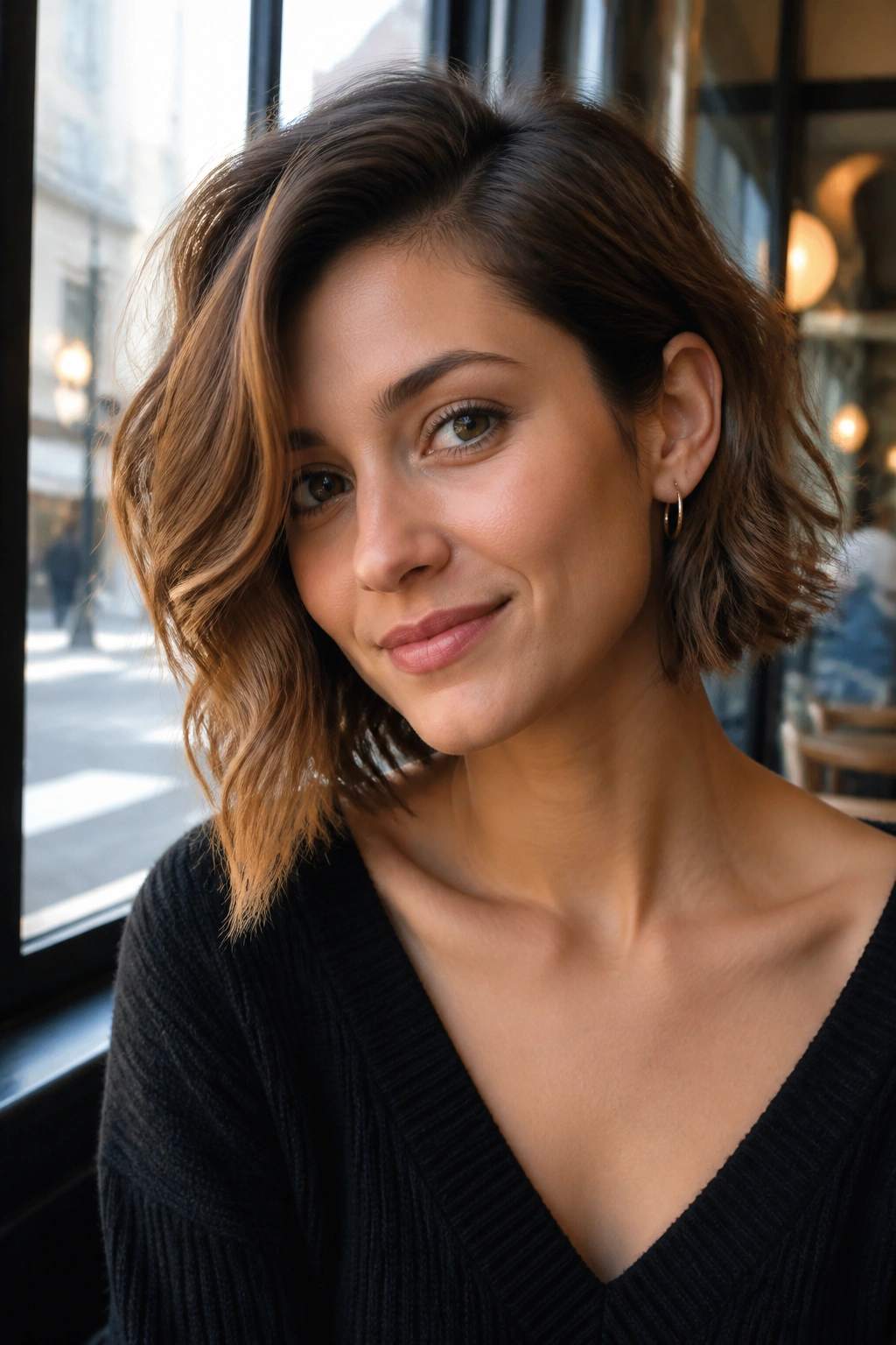 Close-up of a real woman with a collarbone-length lob and one front corner longer, showing diagonal sweep