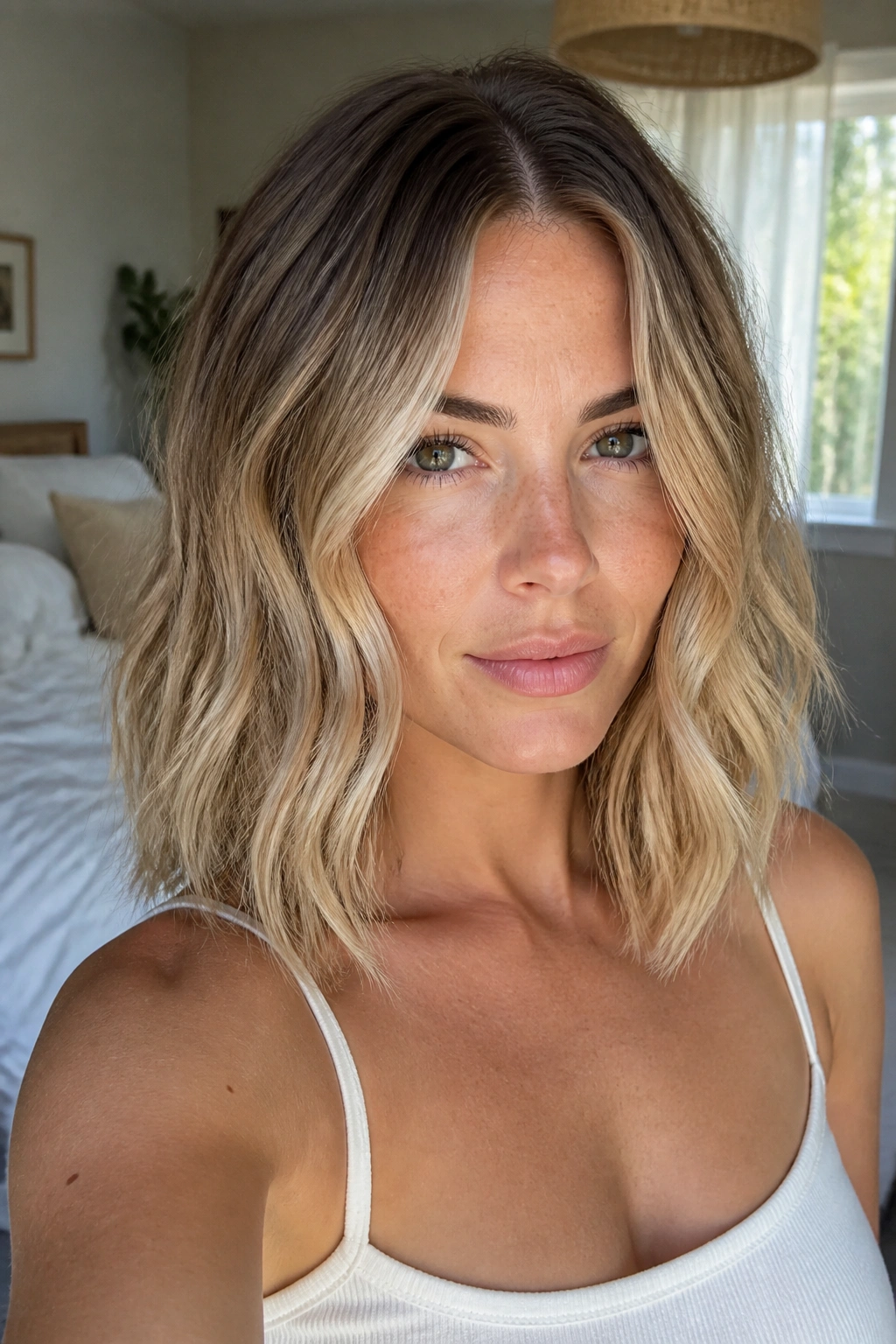 Close-up portrait of a woman with collarbone-length lob and balayage waves under natural window light