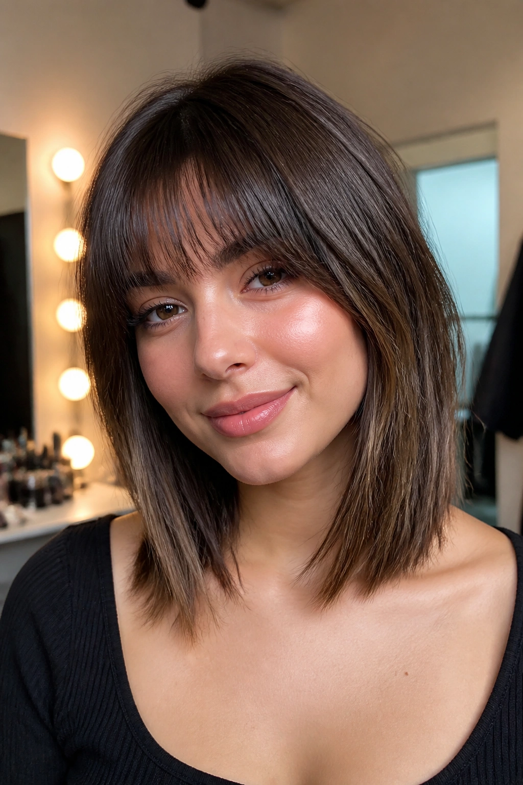 Close-up of a real woman with collarbone-length lob and soft bangs