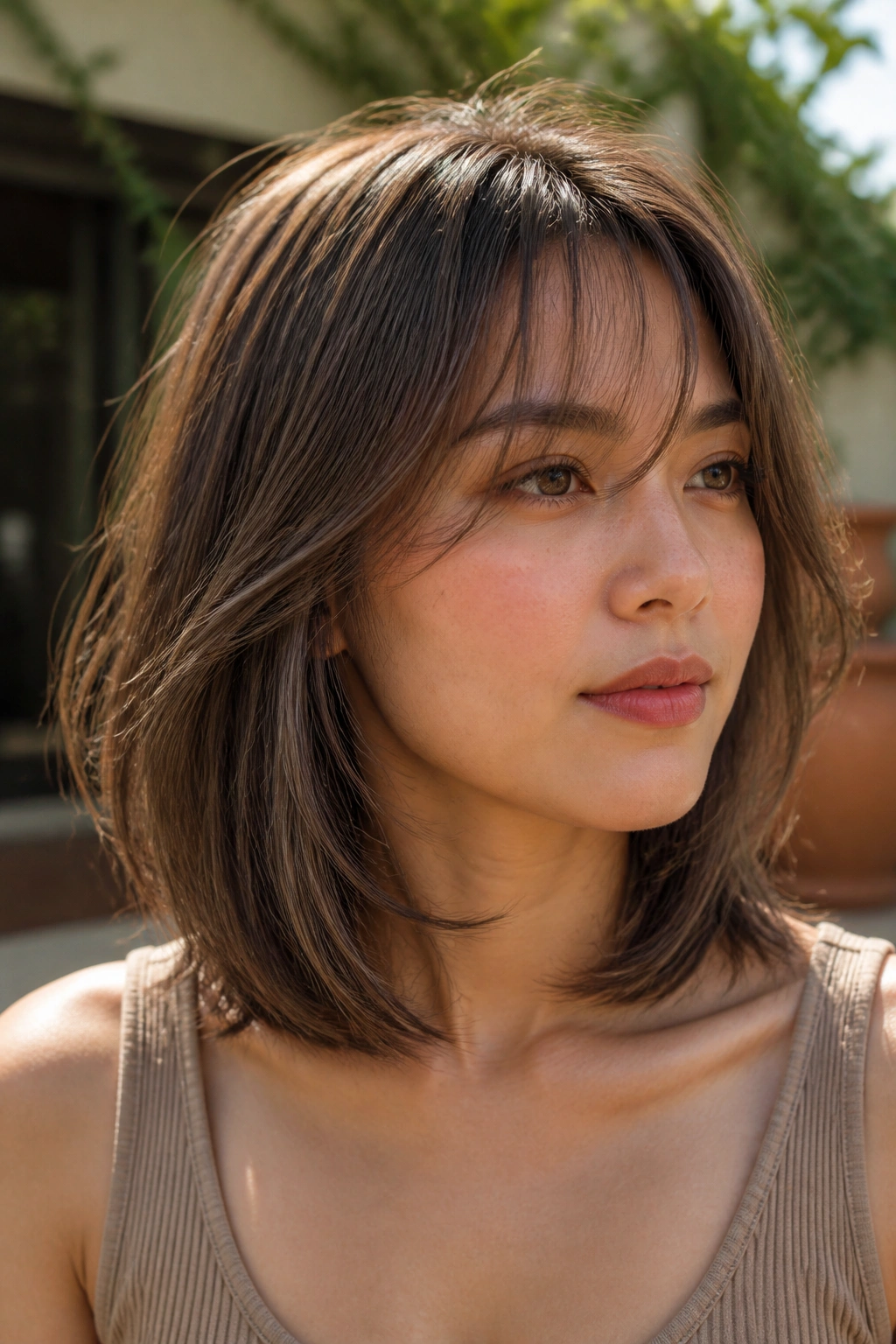 Close-up portrait of a woman with collarbone-length lob and airy bangs