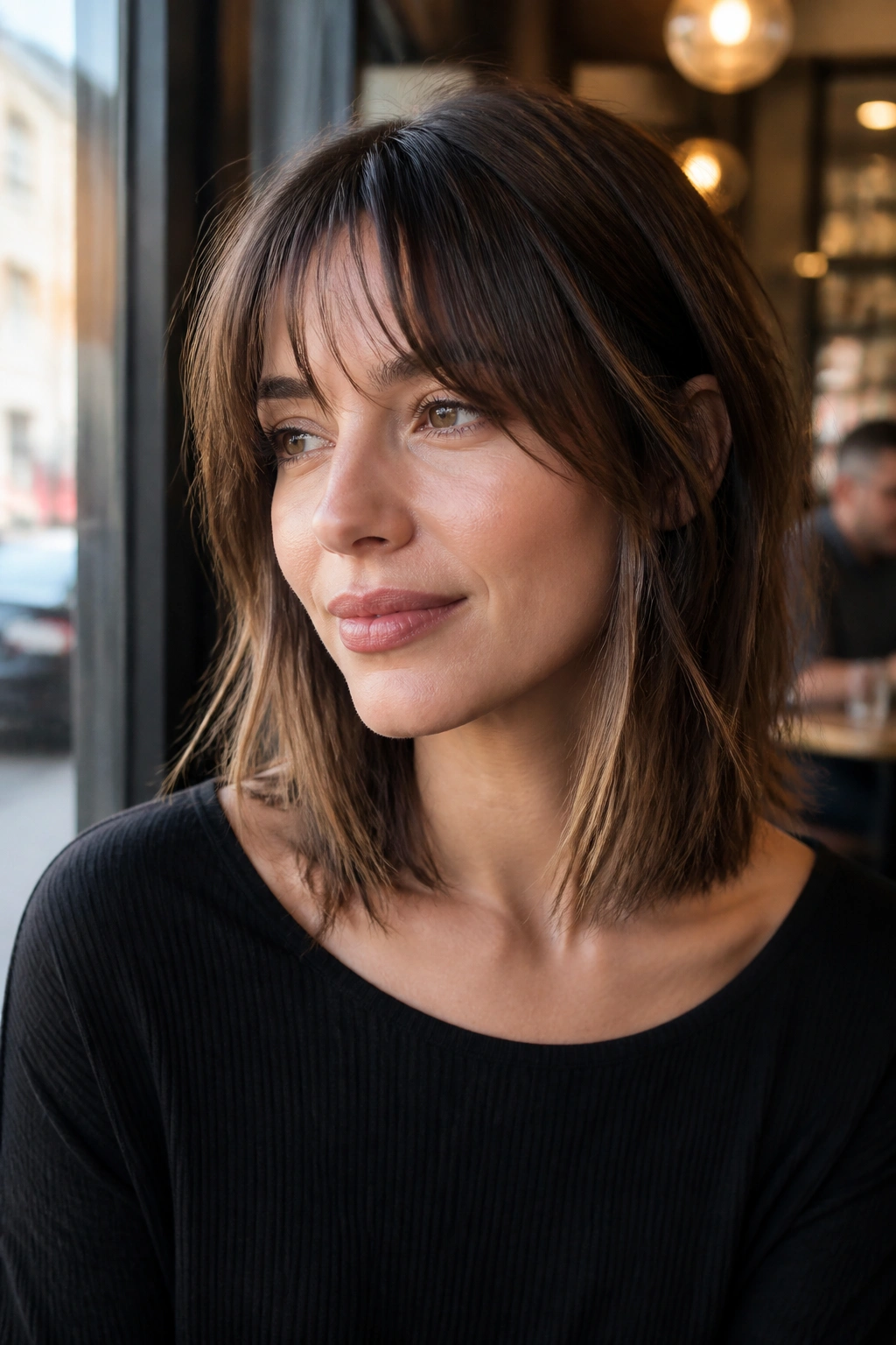 Portrait of a real woman with collarbone-length lob and piecey half bangs, soft framing