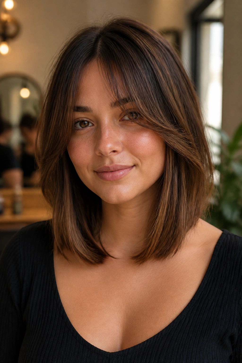 Close-up portrait of a real woman with collarbone-length lob and long bangs framing the face