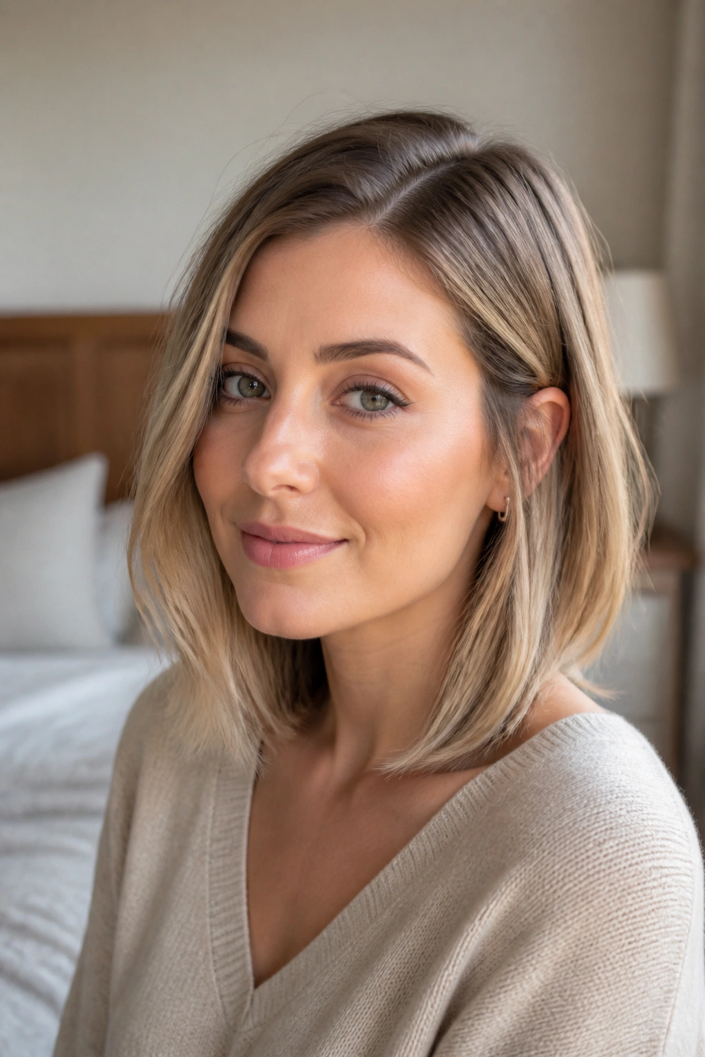 Close-up portrait of a real woman with collarbone-length lob and soft beige blonde ends, side-parted.