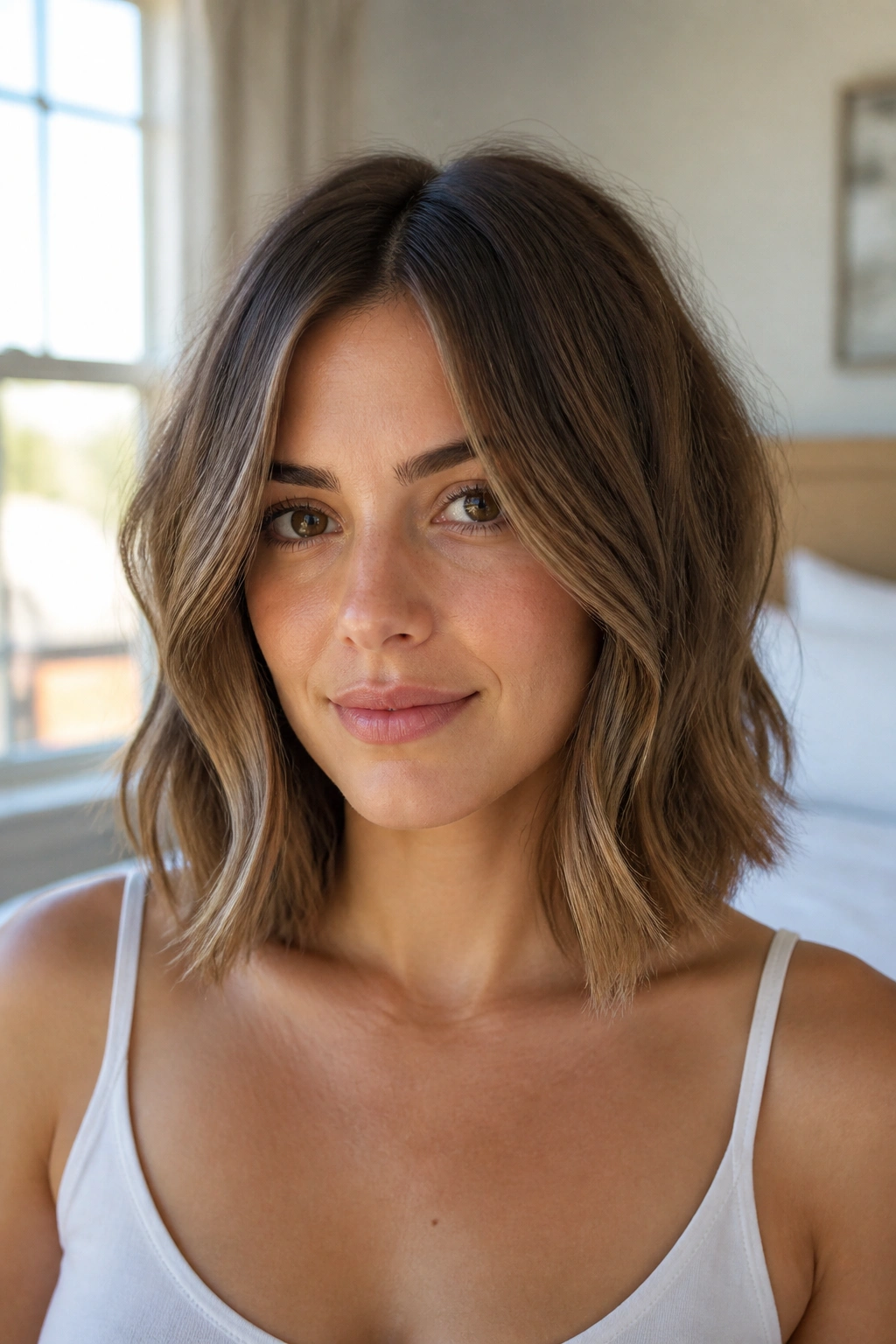 Real woman wearing a collarbone-length lob with bent ends, visible collarbone length