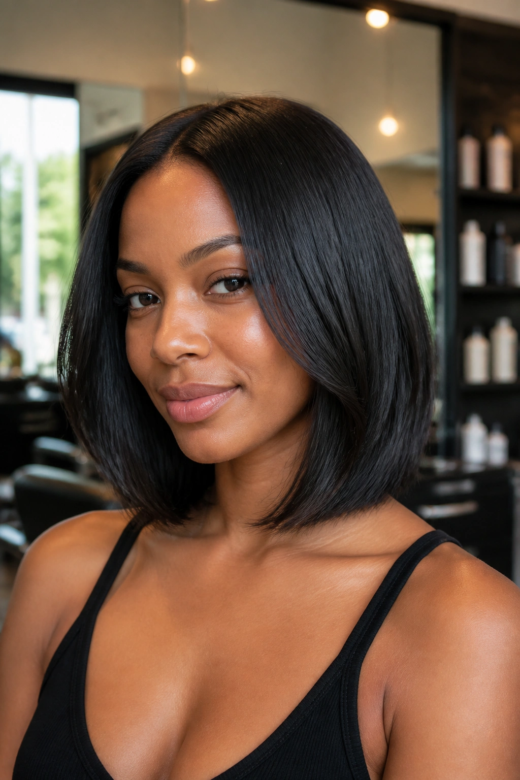 Close-up portrait of a real woman with a collarbone-length lob and a light bend in black hair.