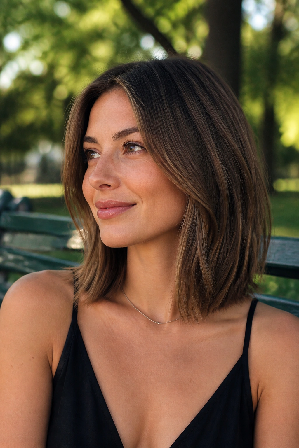 Close-up of a real woman with a collarbone-length lob and soft ends in afternoon sun.
