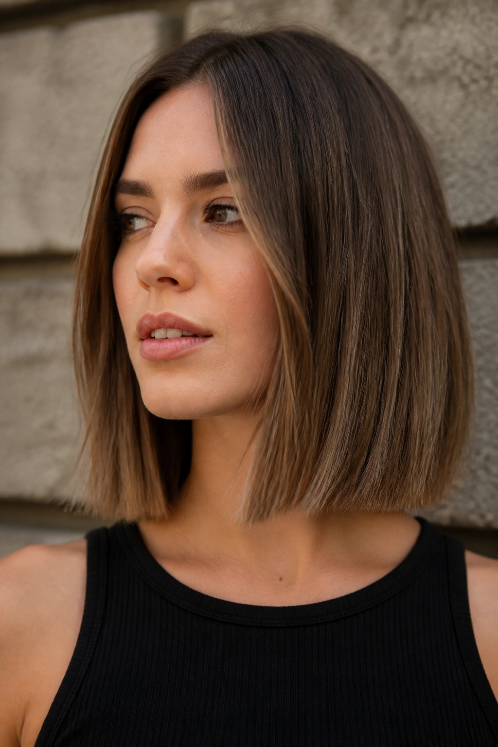 Portrait of a woman with a blunt collarbone-length lob and clean ends.