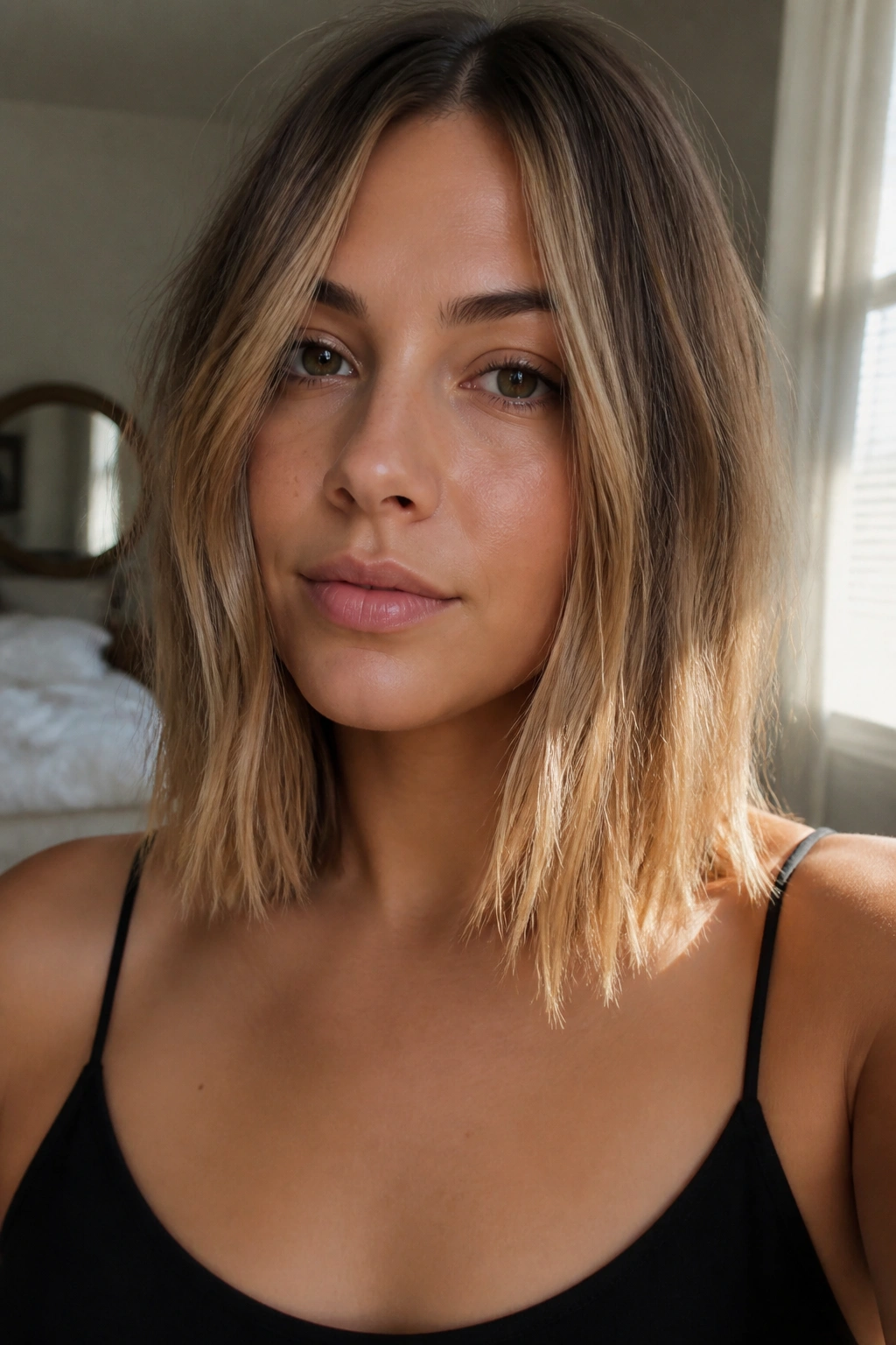 Close-up portrait of a real person with a blunt collarbone-length lob and shattered ends.