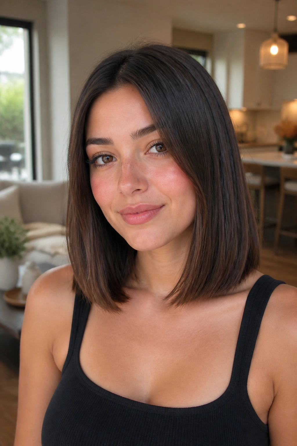 Close-up of a real woman with collarbone-length blunt lob