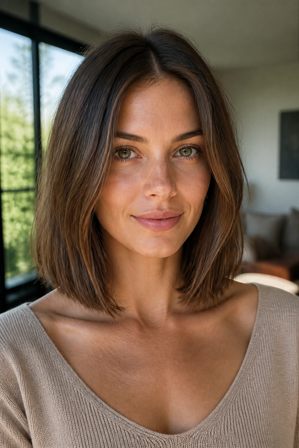 Portrait of a real woman with collarbone-length lob and blunt ends in daylight