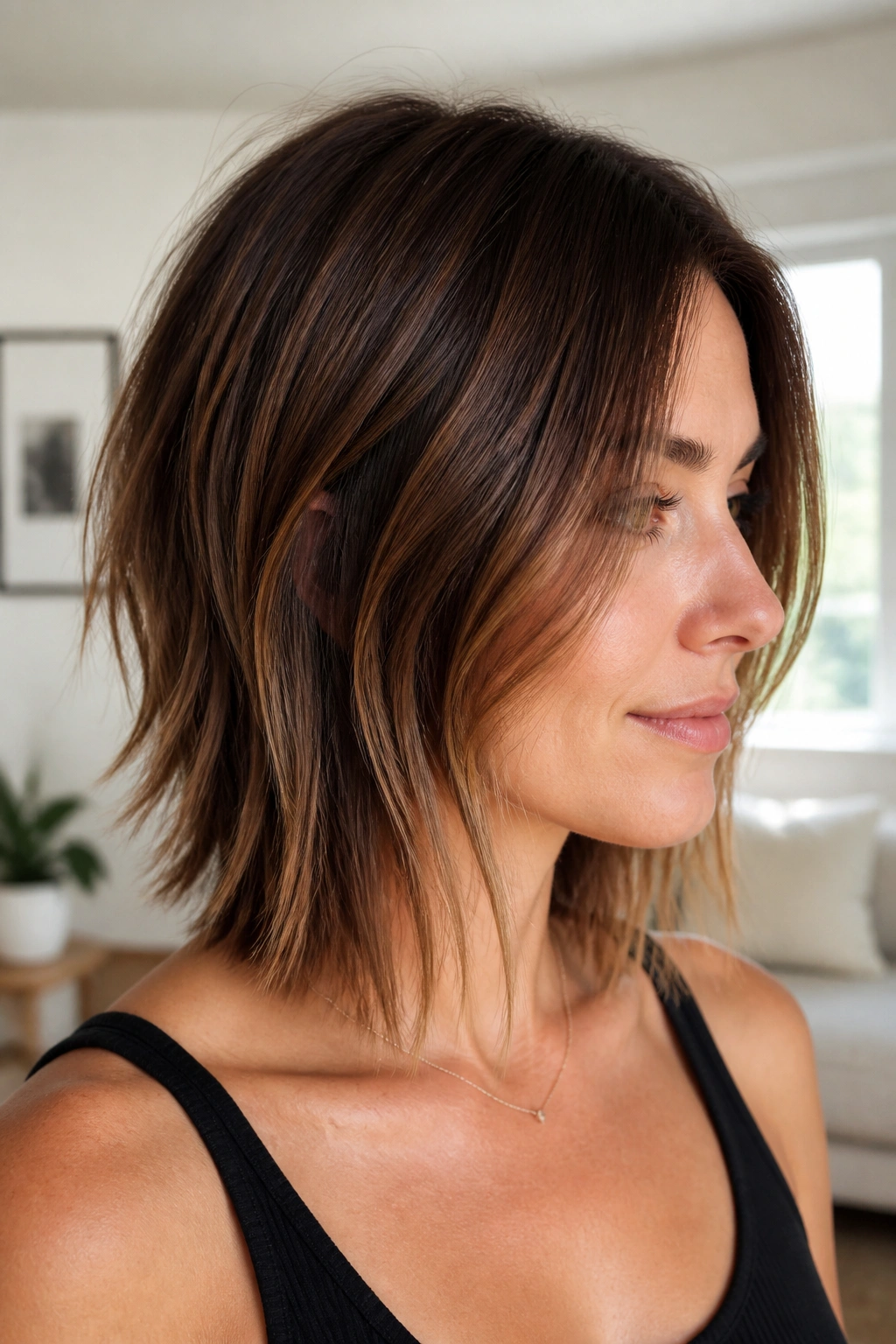 Close-up of a real woman with collarbone-length lob and broken layers.