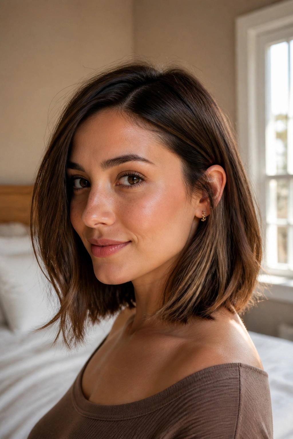 Close-up of collarbone-length lob with soft ends on a real woman in mocha-brown hair