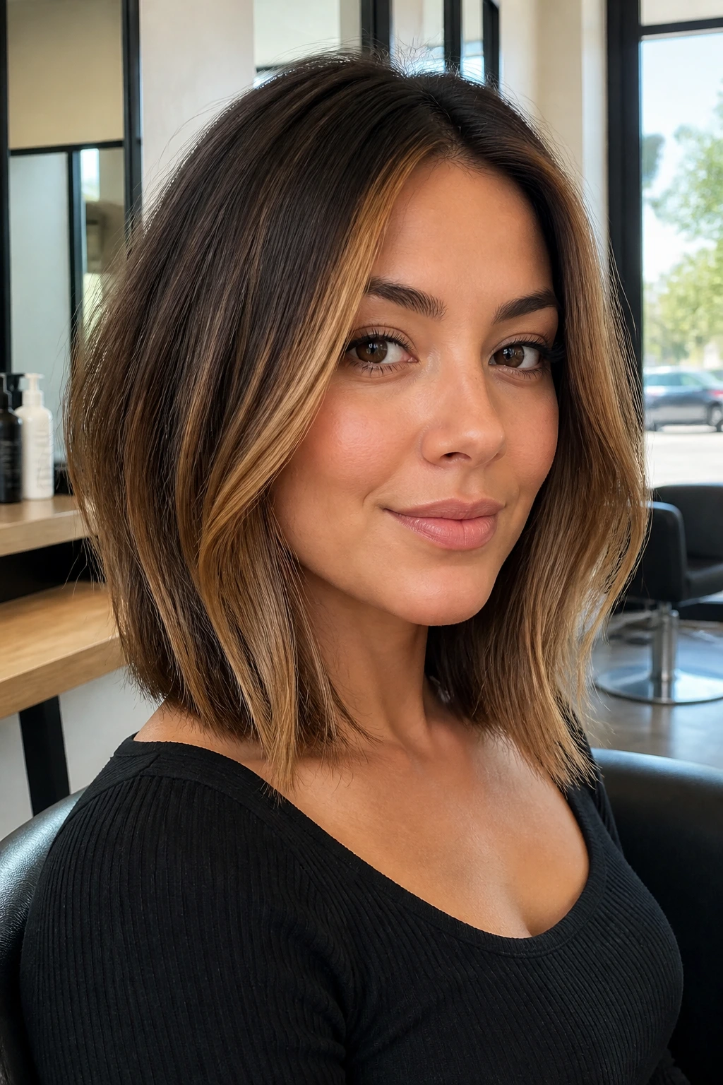 Close-up of collarbone-length lob with soft caramel money piece framing the face on a real woman