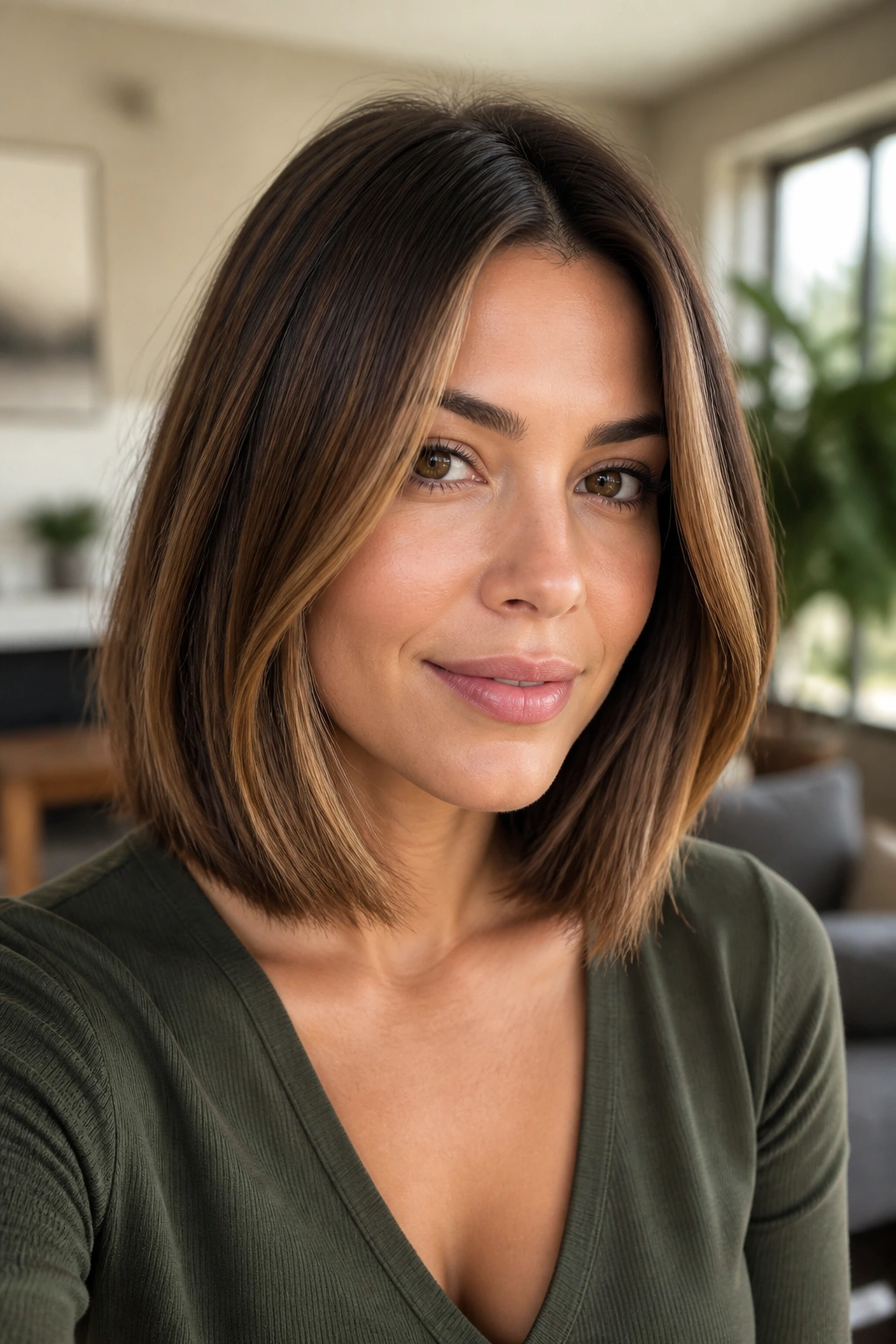Close-up of a real woman with collarbone-length lob and caramel ribbons
