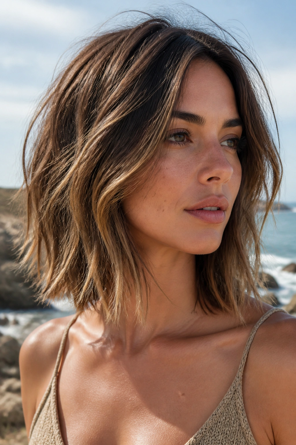 Close-up of a real woman with collarbone-length lob and broken ends in natural light