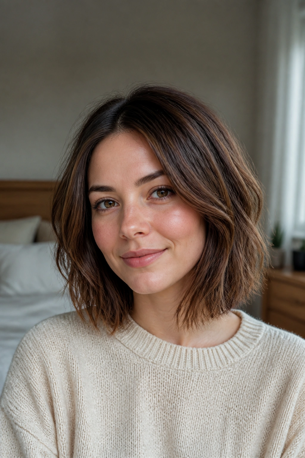 Close-up portrait of a real woman with Collarbone Choppy Lob hairstyle in natural window light