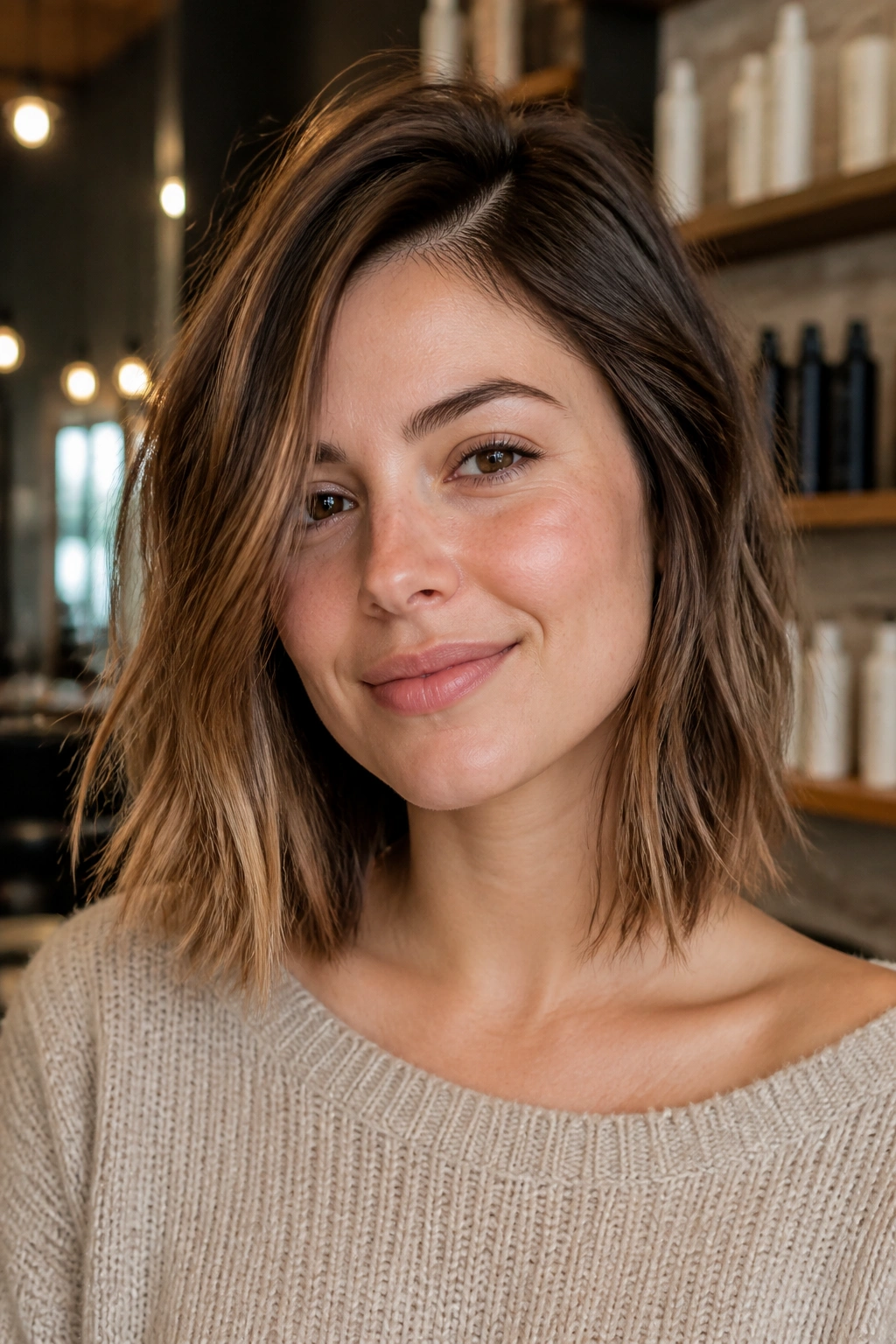 Close-up of a real woman with a collarbone-length choppy lob and side part in a salon setting.