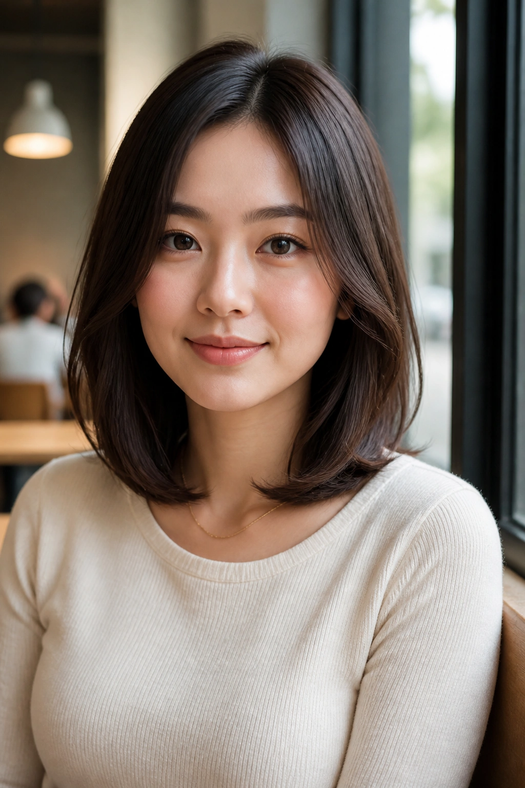 Close-up portrait of a real woman with a collarbone-length lob and soft C-shape ends