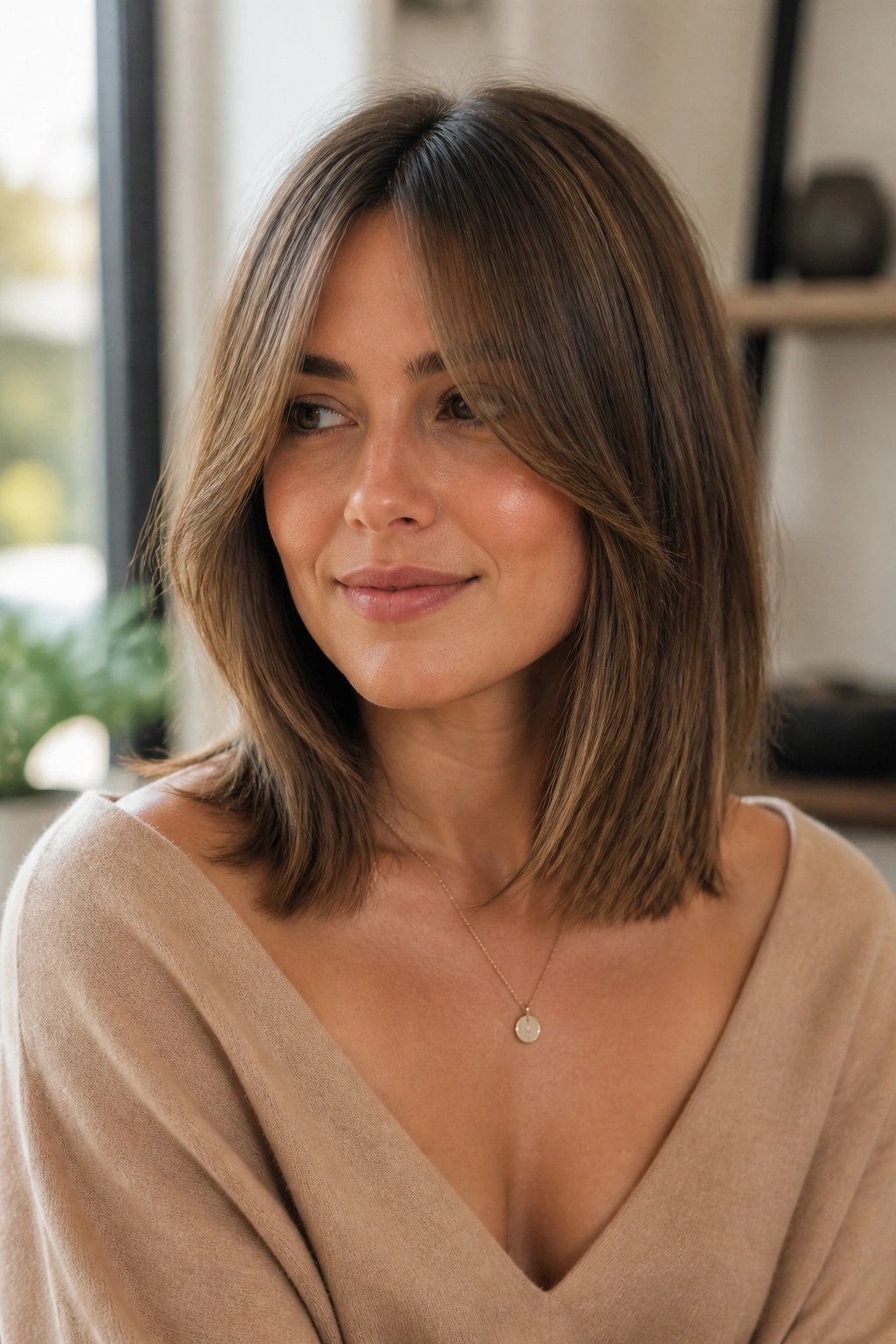 Collarbone-length lob with curtain bangs on a real woman, bangs swept to the sides