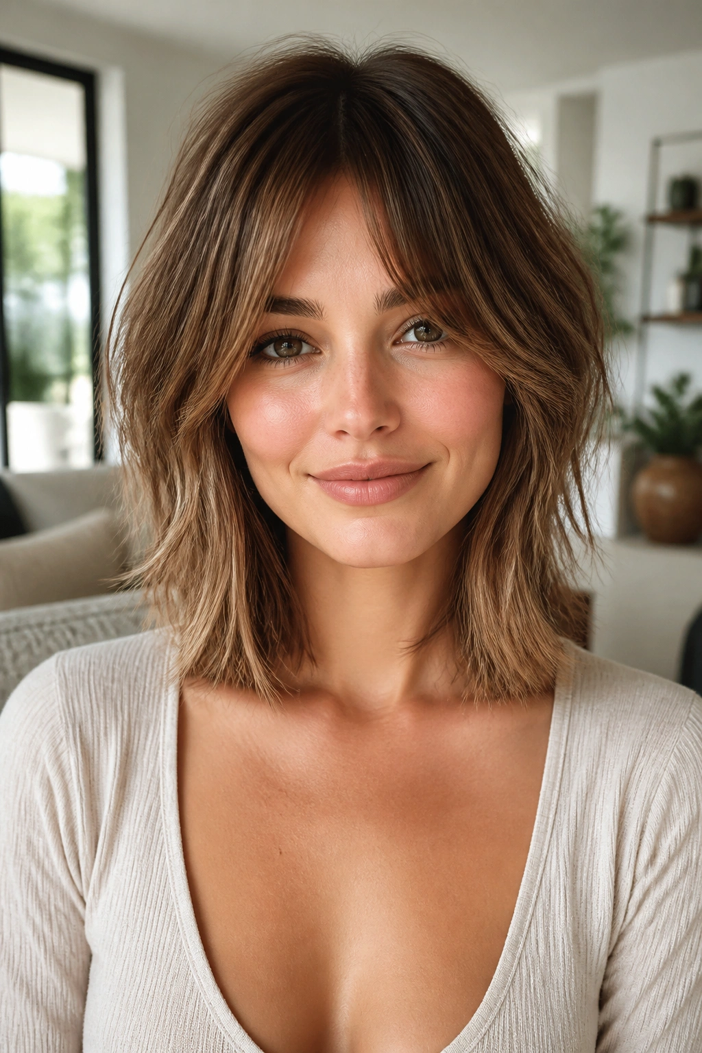 Close-up of a real woman with collarbone-length lob and curtain bangs