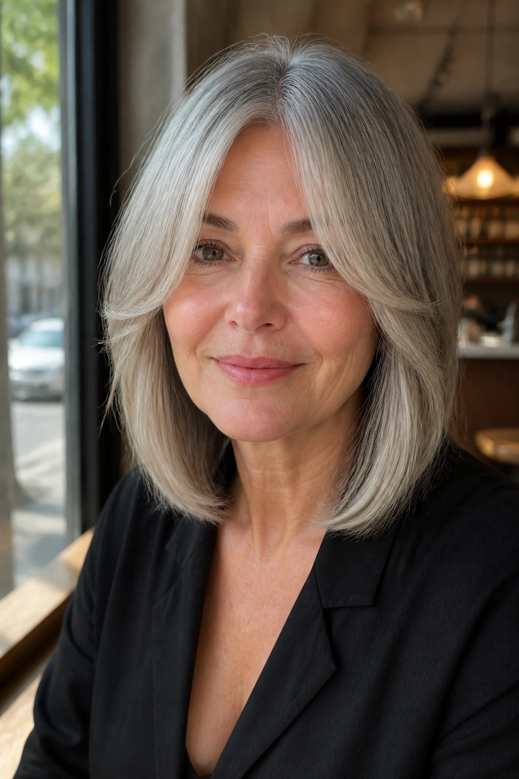 Close-up of a real woman with a grey collarbone-length lob and curtain bangs.