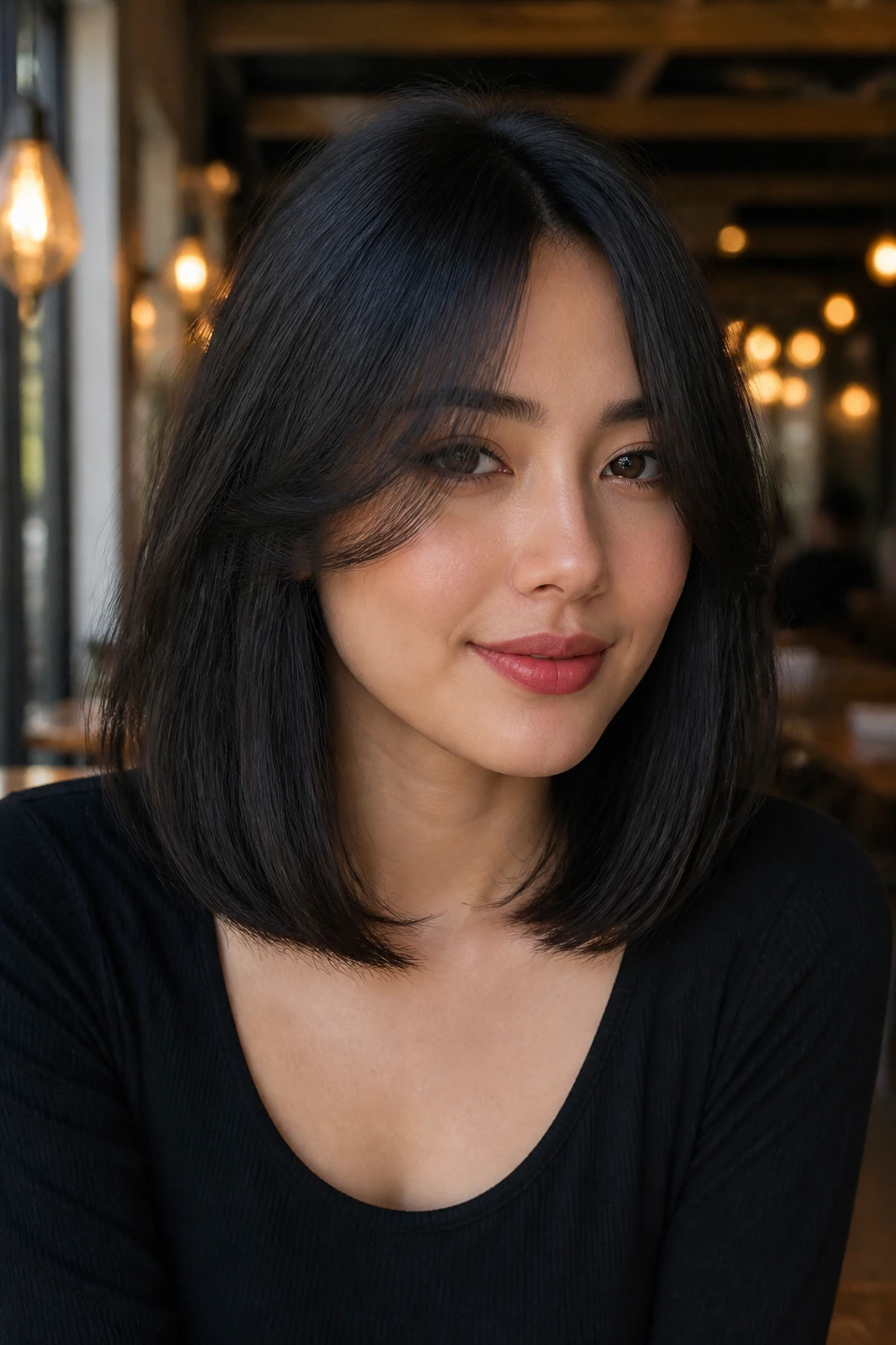 Portrait of woman with collarbone-length lob and long curtain bangs