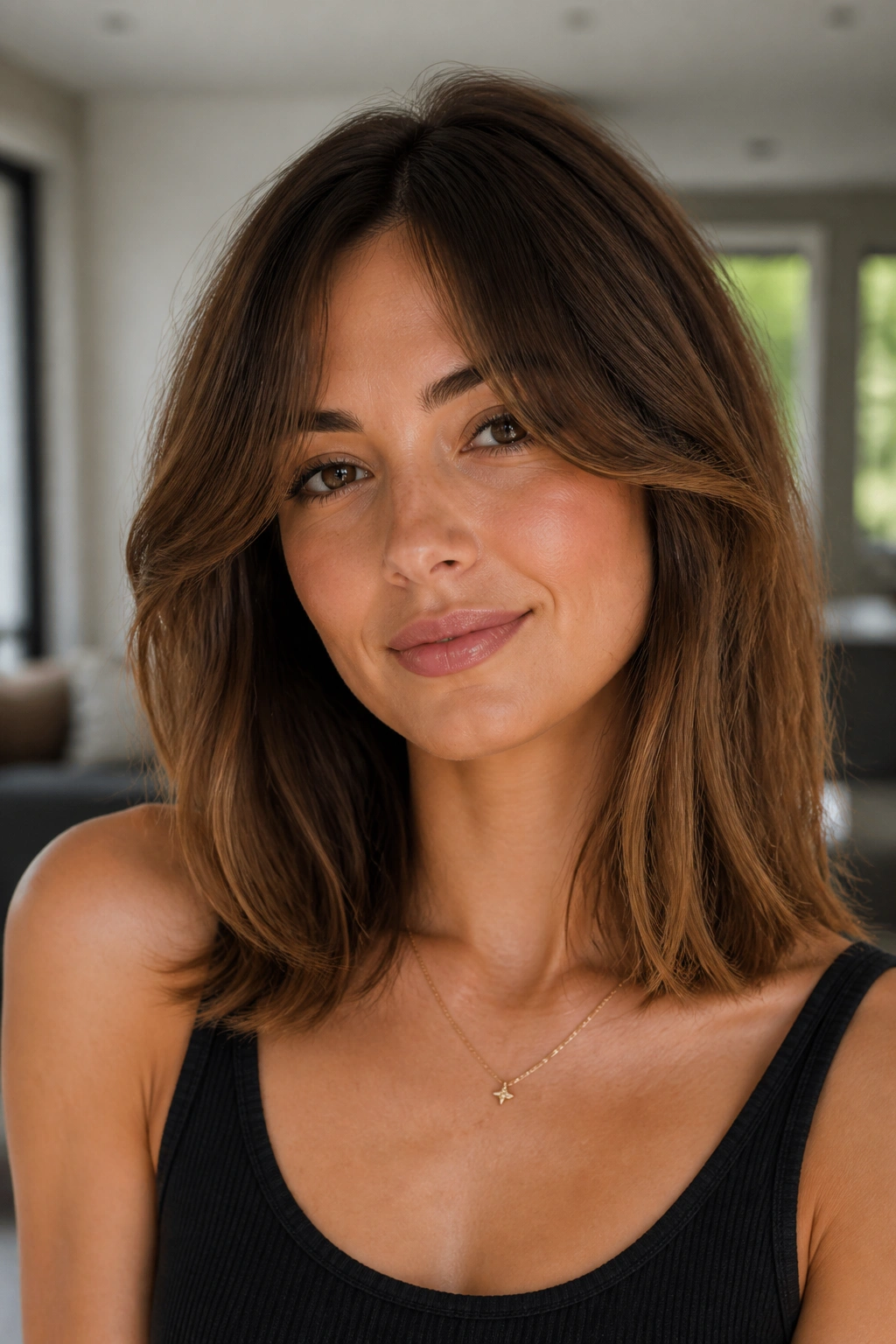 Close-up portrait of a real person with collarbone-length lob and soft curtain fringe