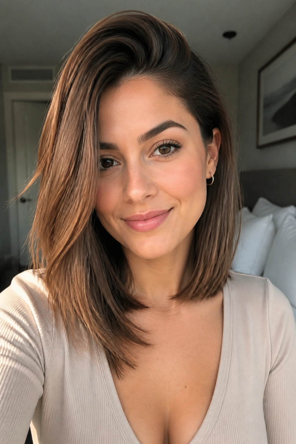 Close-up of a real woman with a collarbone-length lob and deep side part.
