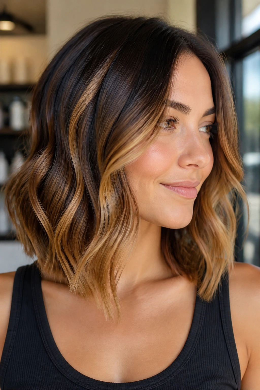 Close-up of collarbone-length lob with diagonal caramel ribbons on a real person