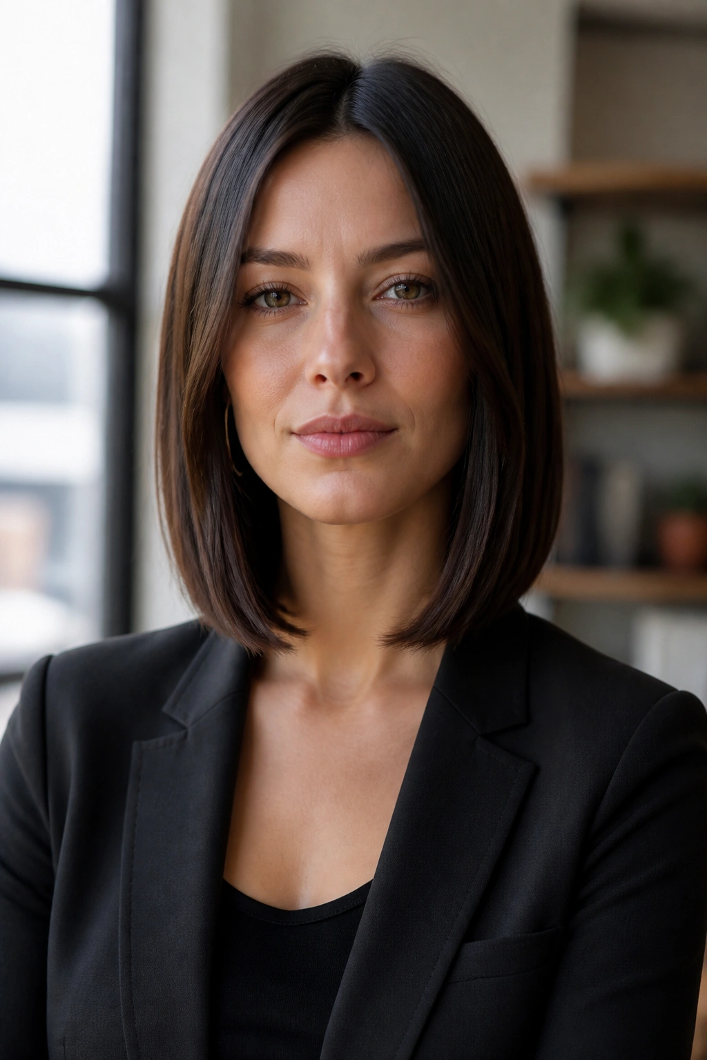 Close-up of a real person with collarbone-length lob and sleek ends