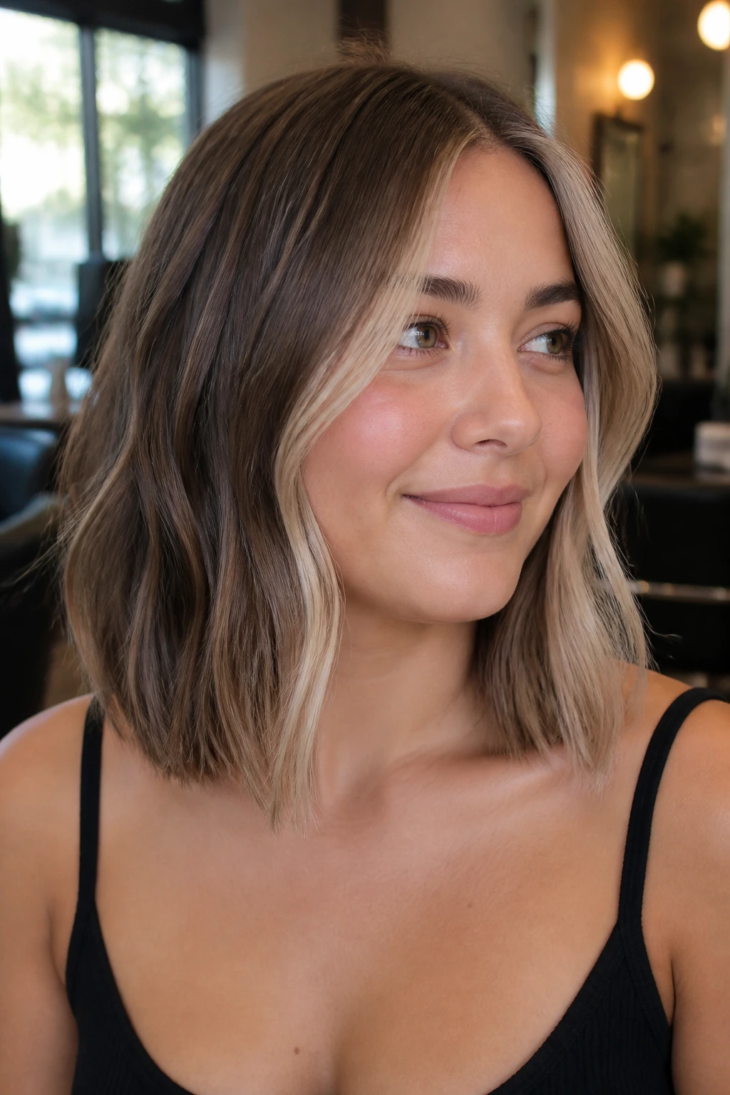 Close-up of a real person with a collarbone-length lob and bright face-frame pieces