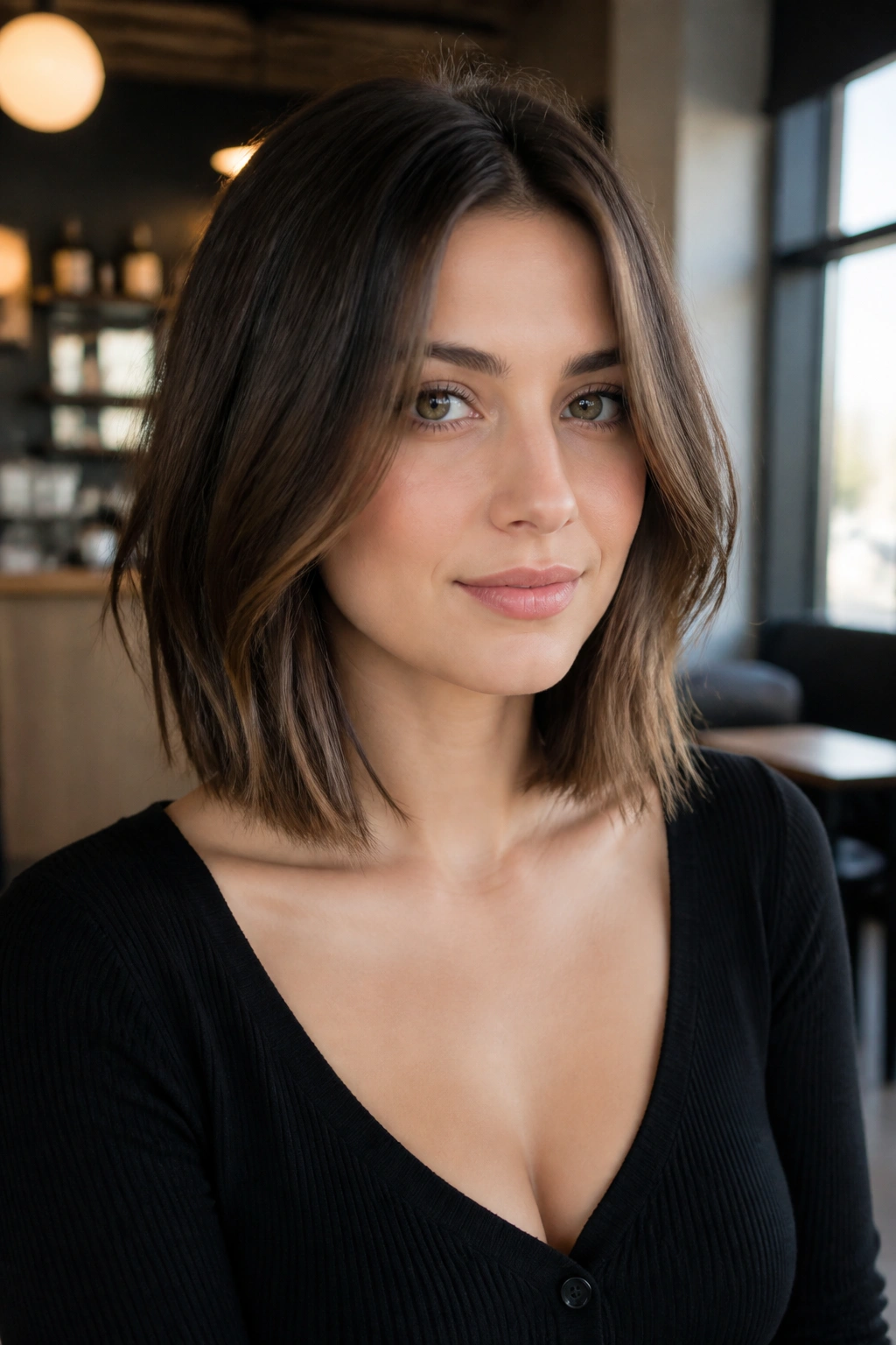 Close-up of a real woman with a collarbone-length lob and face-framing pieces near the cheekbones