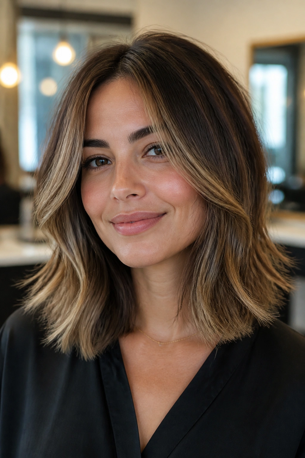 Close-up portrait of a real woman with collarbone-length lob and face-framing pieces