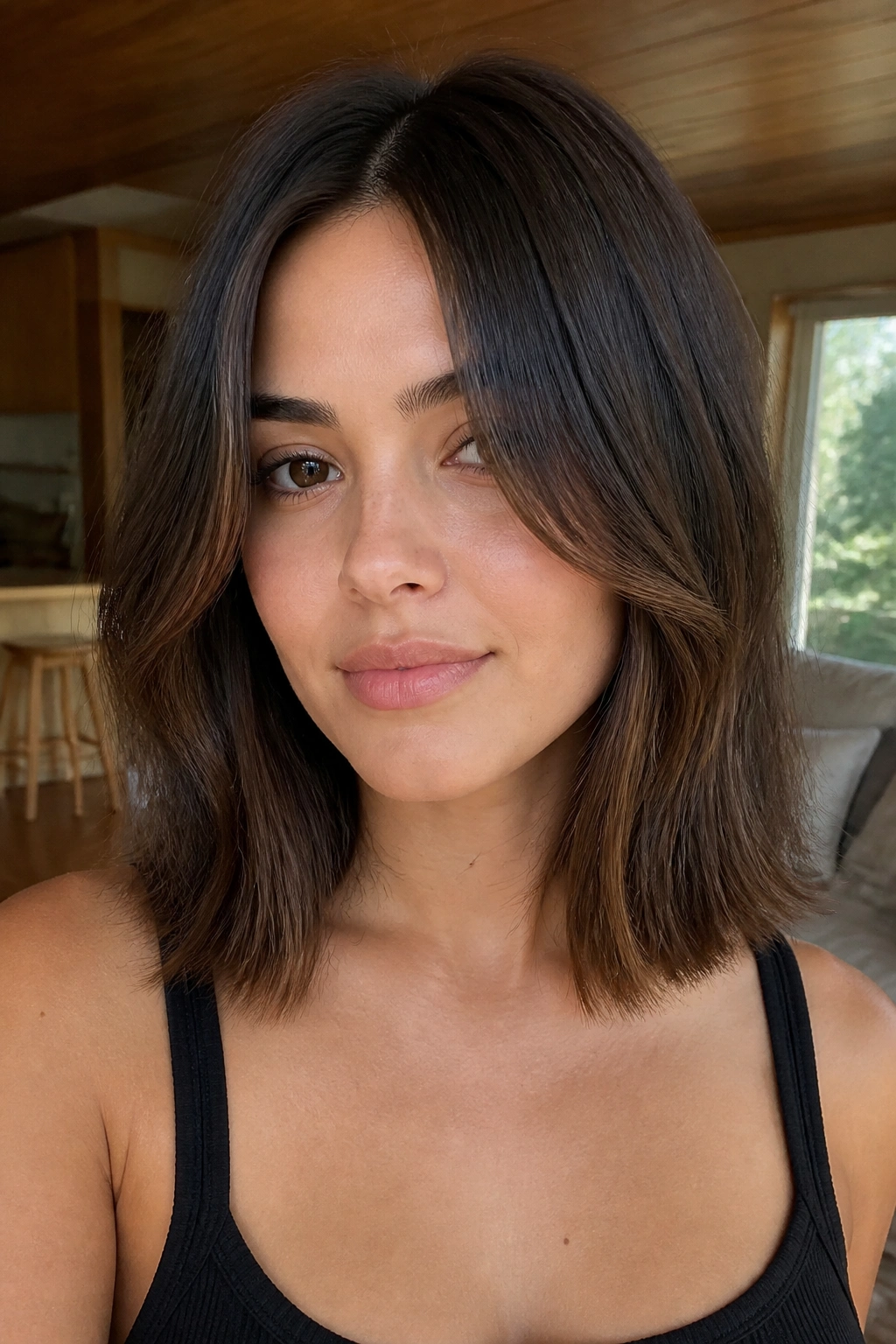 Close-up of real person with collarbone-length lob and face-framing layers