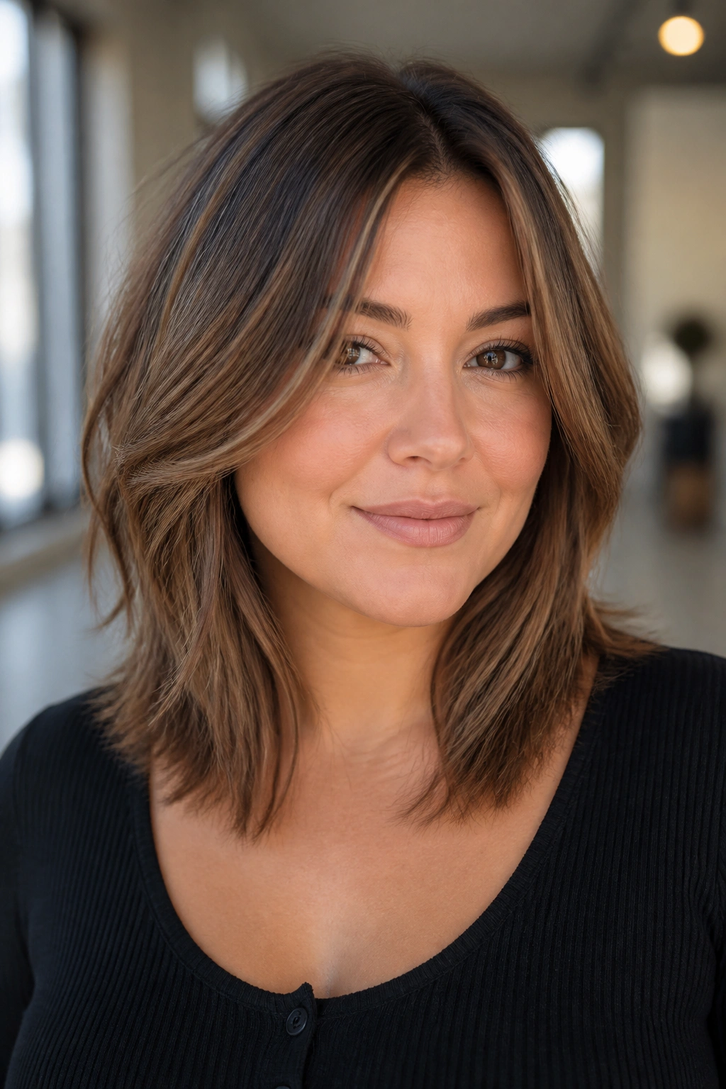 Close-up of a woman with a collarbone-length lob and face-framing layers.