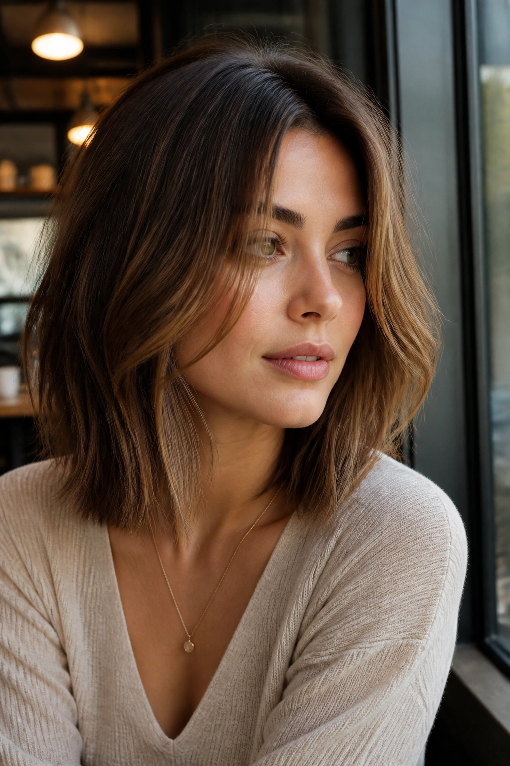 Close-up of woman with collarbone-length lob and soft face-framing pieces in warm cafe light