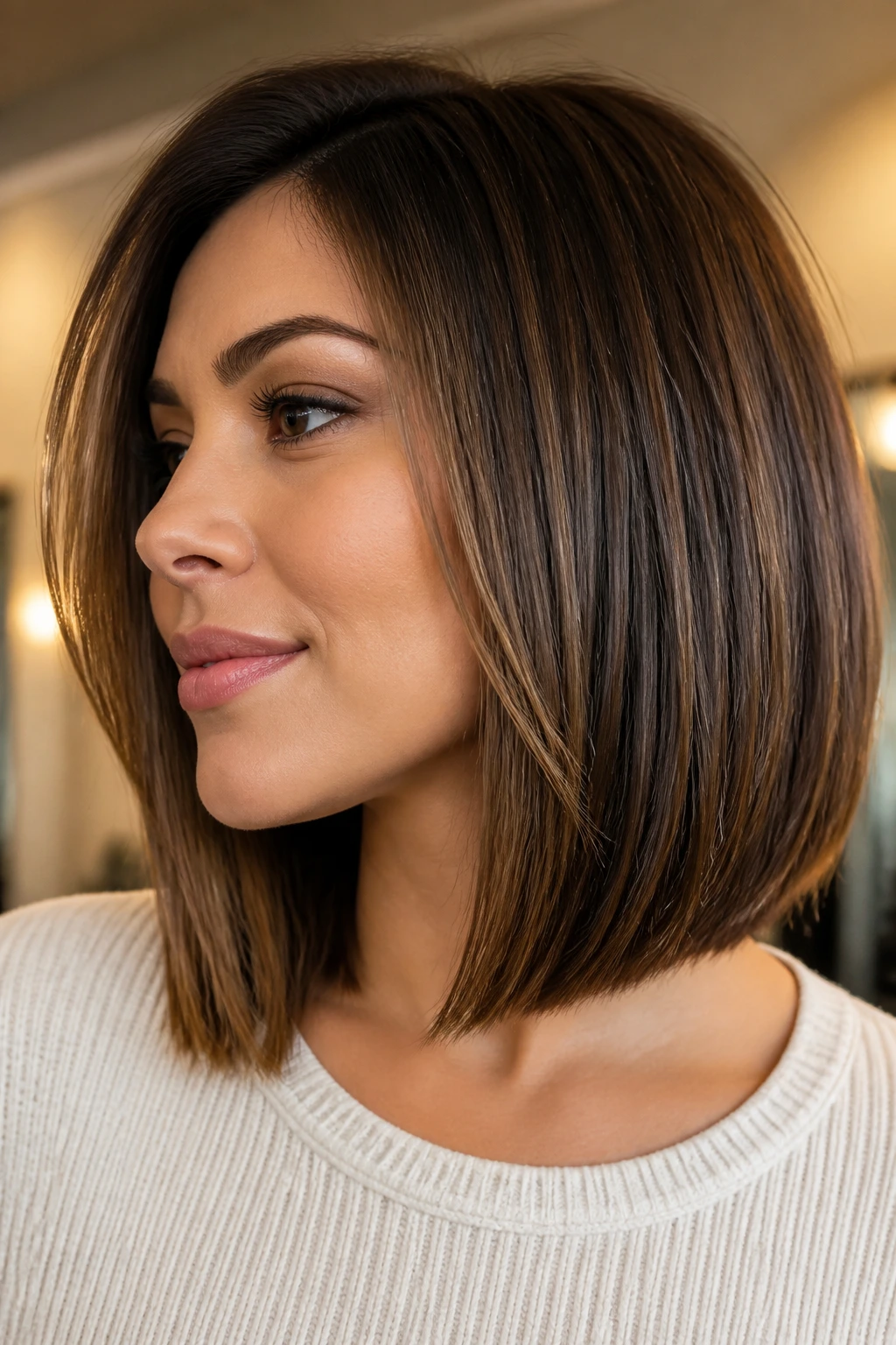 Close-up of a real woman with collarbone-skimming graduated lob in warm indoor light.